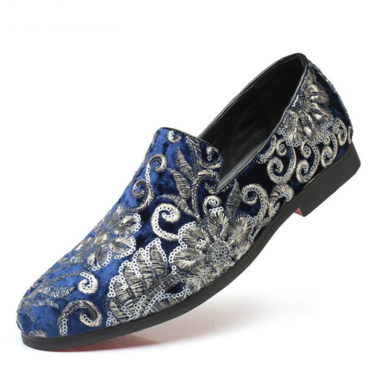 Men's glitter slip-on loafer shoes, blue with ornate silver sequin detailing