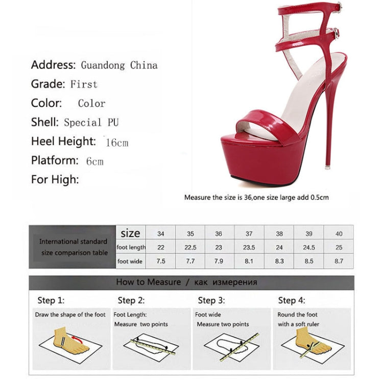 Red platform high-heel sandal with ankle strap and strappy cutouts