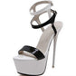 Black platform high-heel sandal with ankle strap, glossy open toe, tall stiletto heel