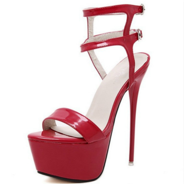 Red high-heeled platform sandal with ankle buckle strap and open toe