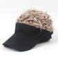 Black baseball cap with beige curly wig hair, angled view, curved front visor.