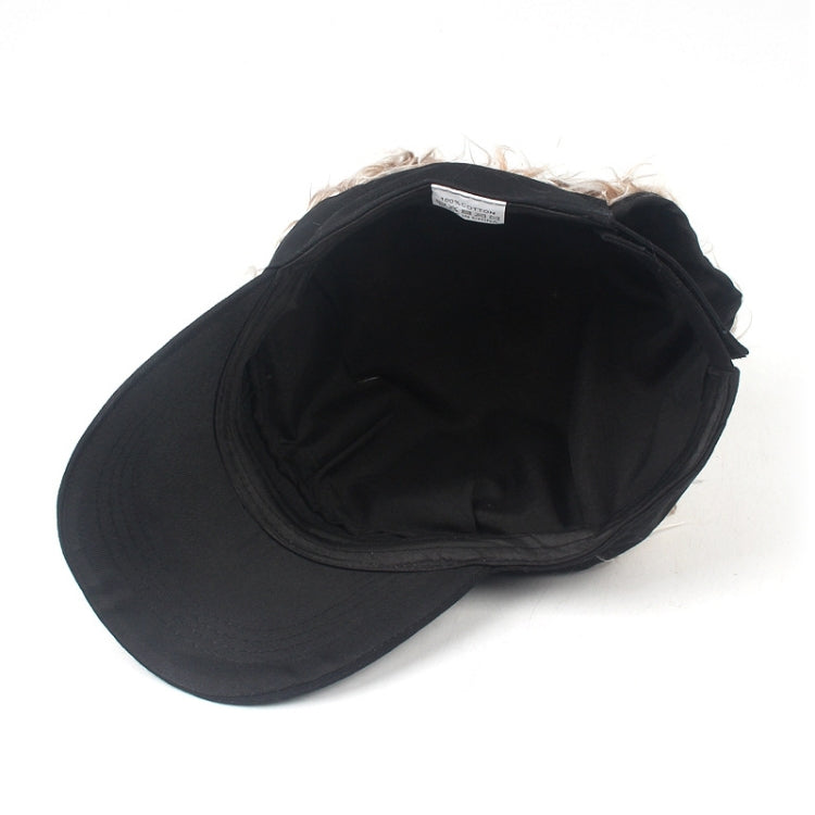 Black baseball cap with wig hair; side view showing inner lining and brim.