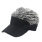 Black baseball cap with gray-and-white curly wig hair and curved front visor.