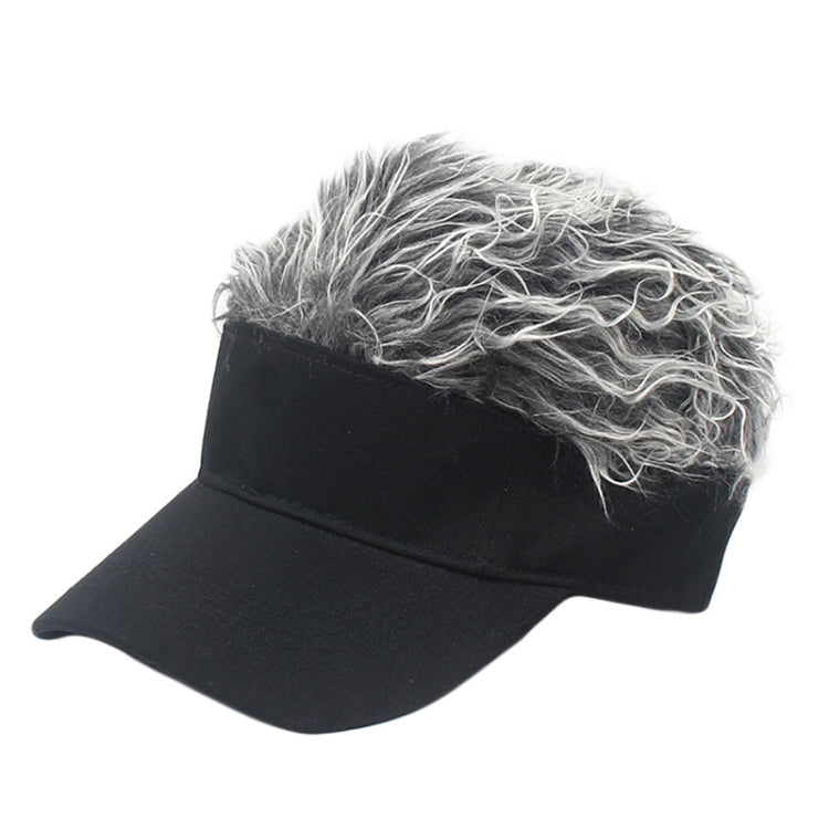 Black baseball cap with gray-and-white curly wig hair and curved front visor.