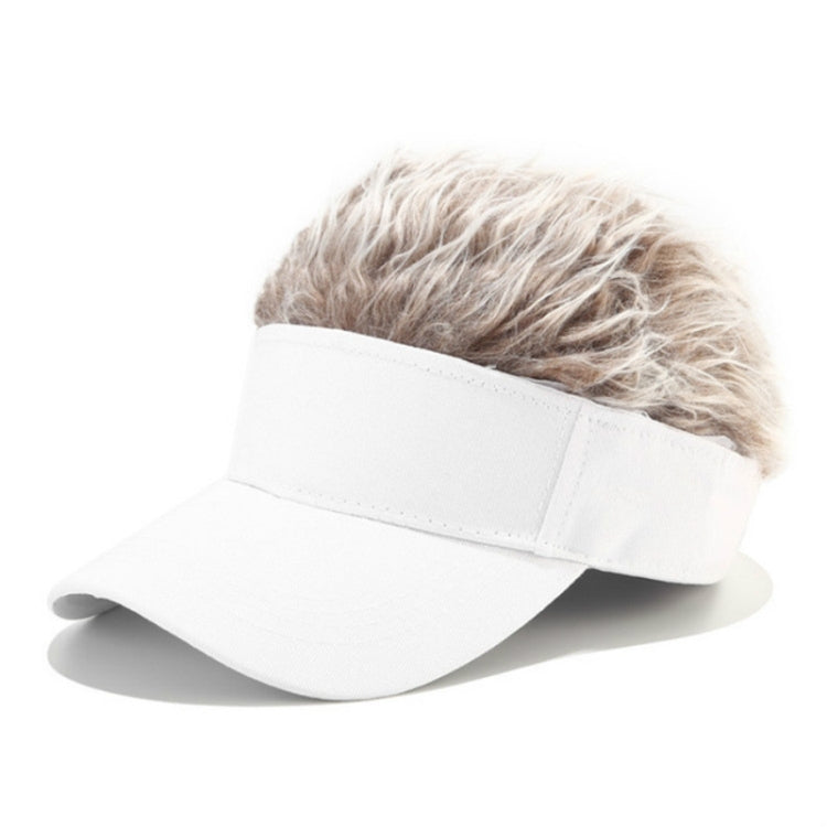 White baseball cap with light brown wavy wig hair on top and curved visor.