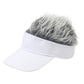 White baseball cap with gray wavy wig hair on top and curved front visor.