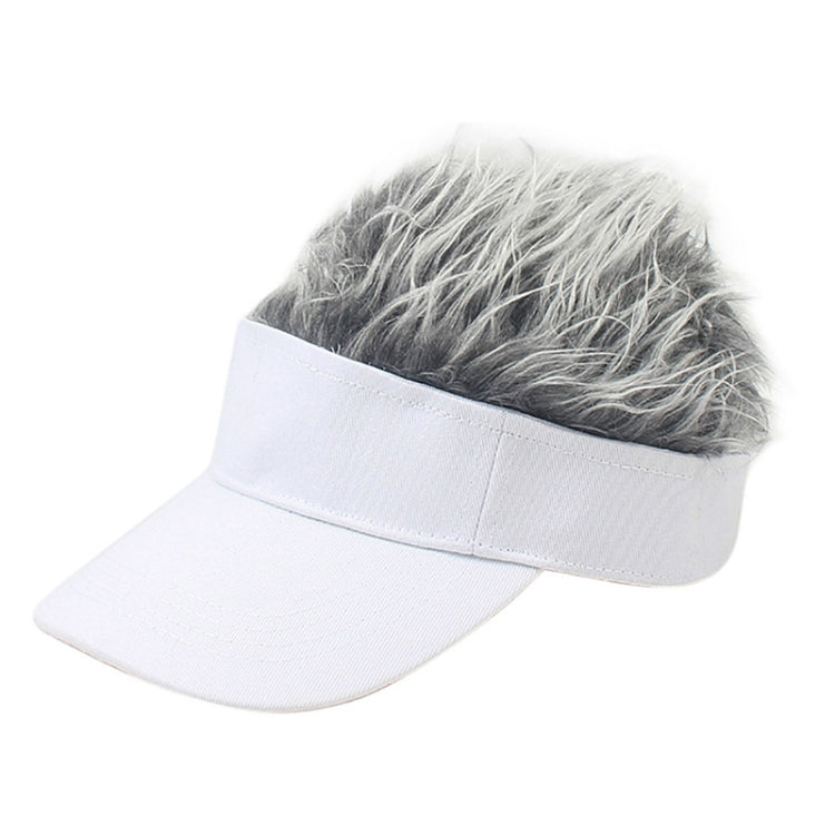 White baseball cap with gray wavy wig hair on top and curved front visor.