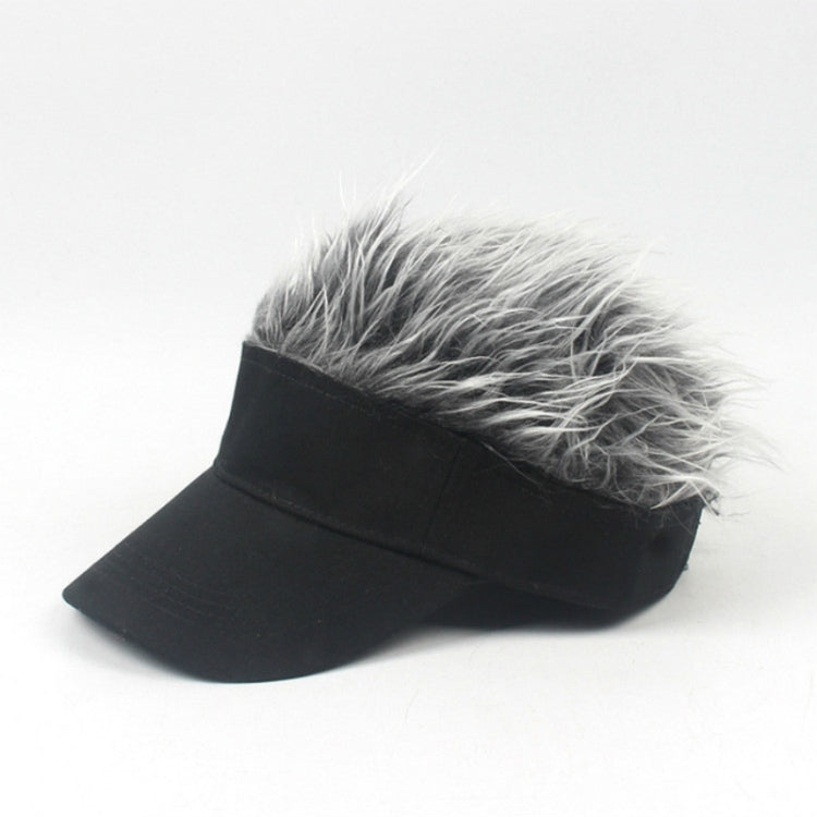 Black baseball cap with gray wavy wig hair on top and curved front visor.