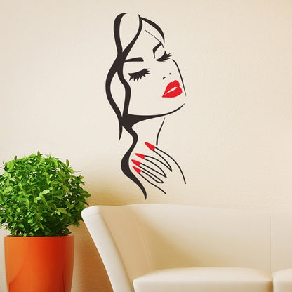Beauty portrait wall sticker, black cat-girl silhouette with red lips and manicure lines