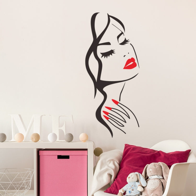 Cat-girl beauty portrait wall sticker decal, black outline with red lips and nail streaks