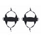 Two black shoe cover pull-rope straps with metal rings and front pull tab