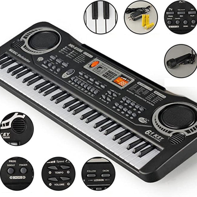 Children electronic piano keyboard close-up with speaker grills, buttons, and 61 keys