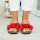 Women’s red bow slide slippers, open-toe with textured sole