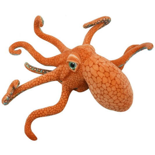 Orange octopus plush pillow side view with large teal eye and patterned tentacles