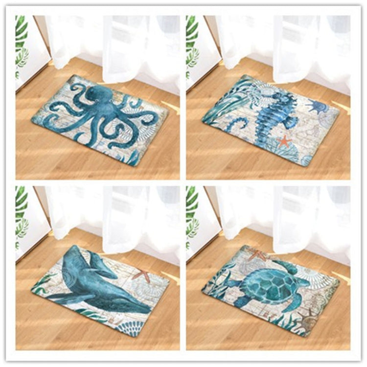 Marine motif toilet mat shown on bathroom floor in multiple animal print designs
