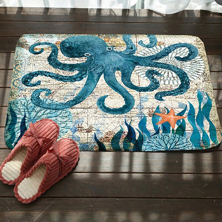 Octopus printed flannel bath mat with non-slip backing, teal and cream
