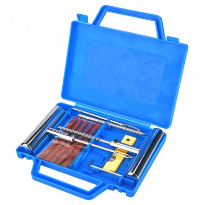 Blue plastic case tire repair tool kit with metal handles, probes, and patch strips