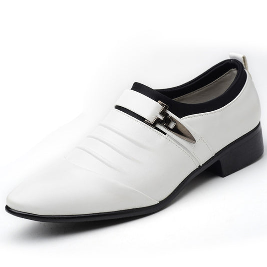 Men's pointed-toe dress oxford slip-on shoe, white PU leather, metal buckle detail