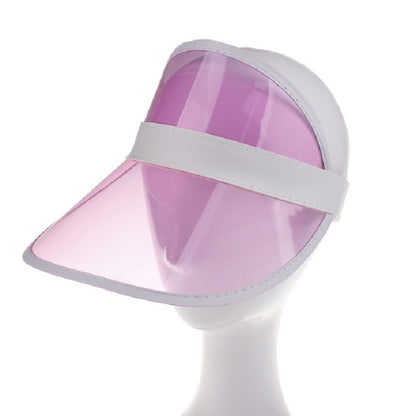 Adult transparent PVC sun visor cap with pink tinted shield and light gray trim
