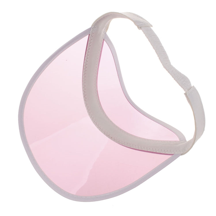 Transparent PVC sun visor cap with pink tinted face shield and gray headband