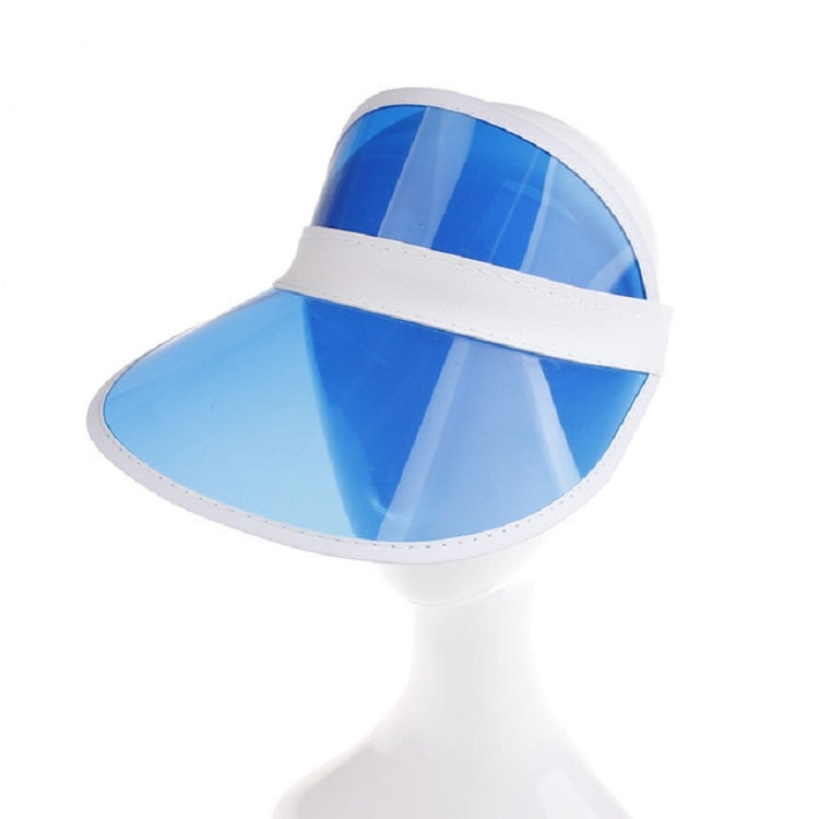 Adult transparent PVC sun visor cap with blue tinted shield and white trim