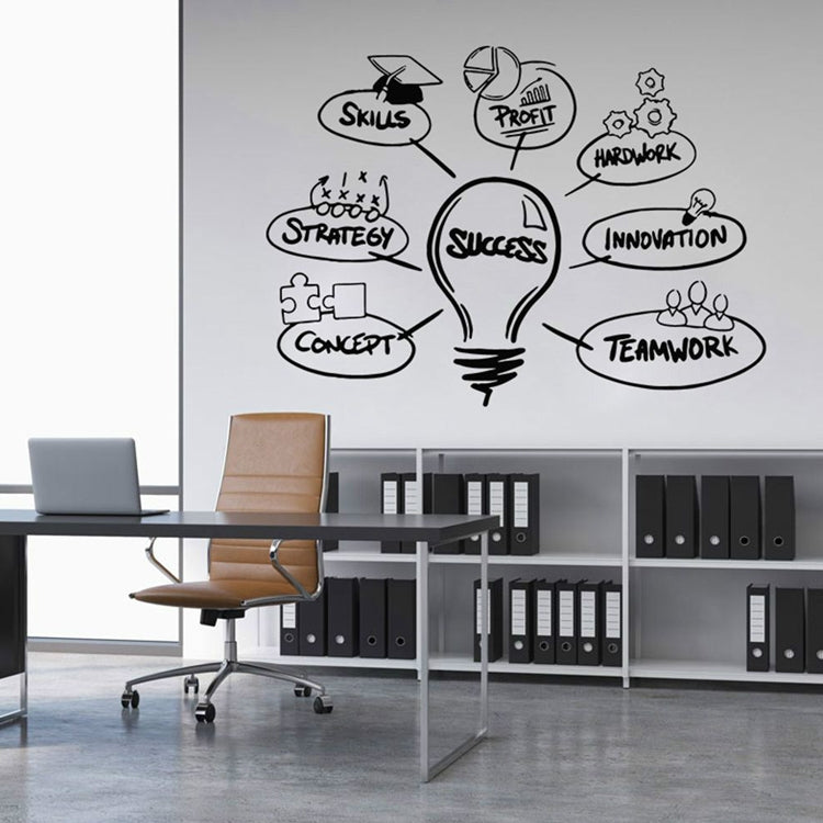 Black light bulb wall sticker with motivational word bubbles and icons
