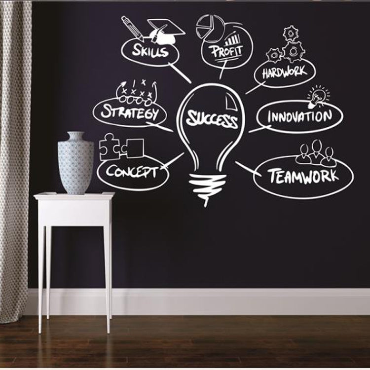 Black light bulb wall sticker with motivational word bubbles and icons on dark wall