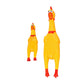 Two yellow rubber screaming chicken toys with red beak and feet, standing upright.