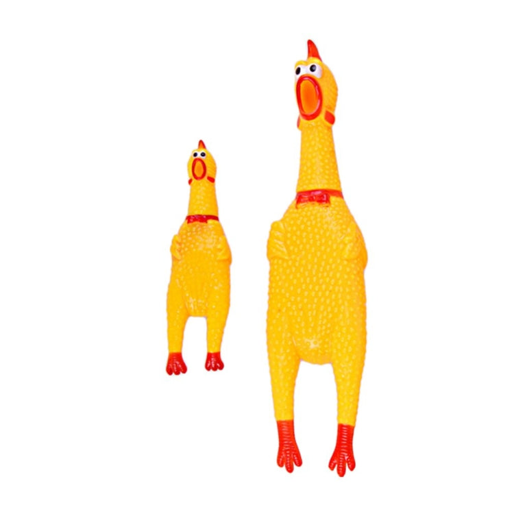 Two yellow rubber screaming chicken toys with red beak and feet, standing upright.