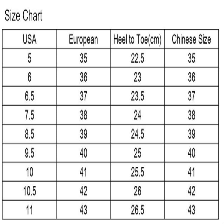 Size chart table: USA, European size, heel-to-toe (cm), and Chinese size columns