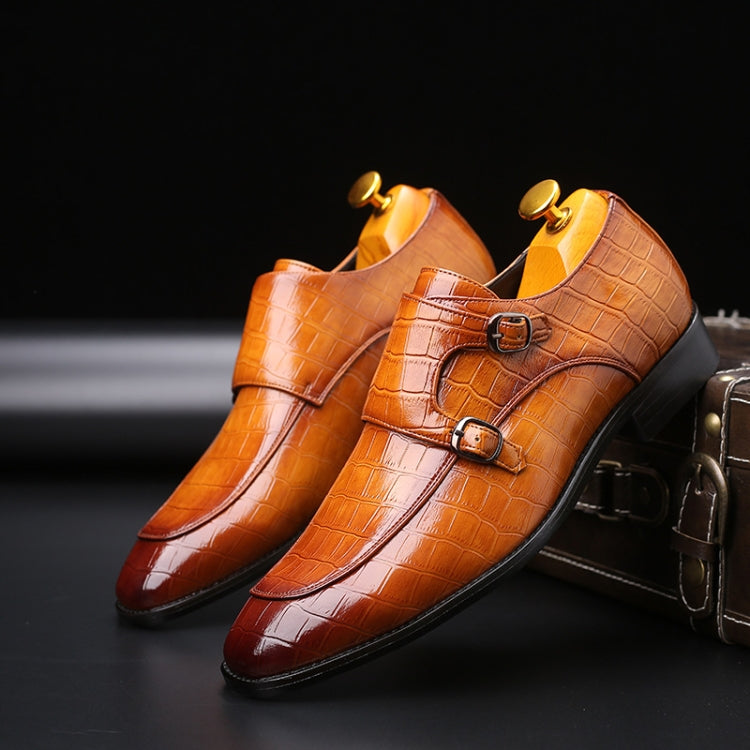 Crocodile-pattern leather formal shoes with twin buckles, glossy tan finish