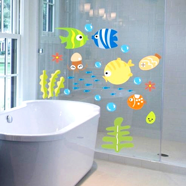 Marine animal bathroom wall stickers: colorful fish, bubbles, coral, and seaweed