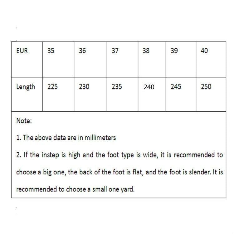Flip-flops size chart with EUR sizes 35 to 40 and length notes in millimeters