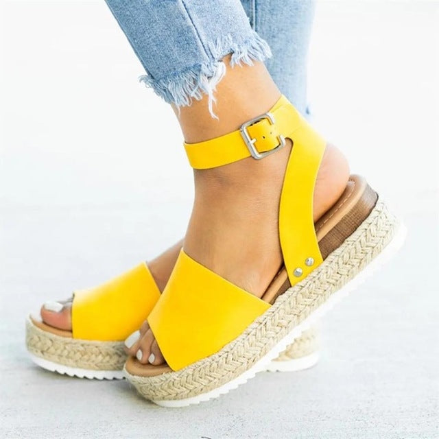 Women’s one-button buckle platform espadrille sandals, bright yellow straps with silver buckle