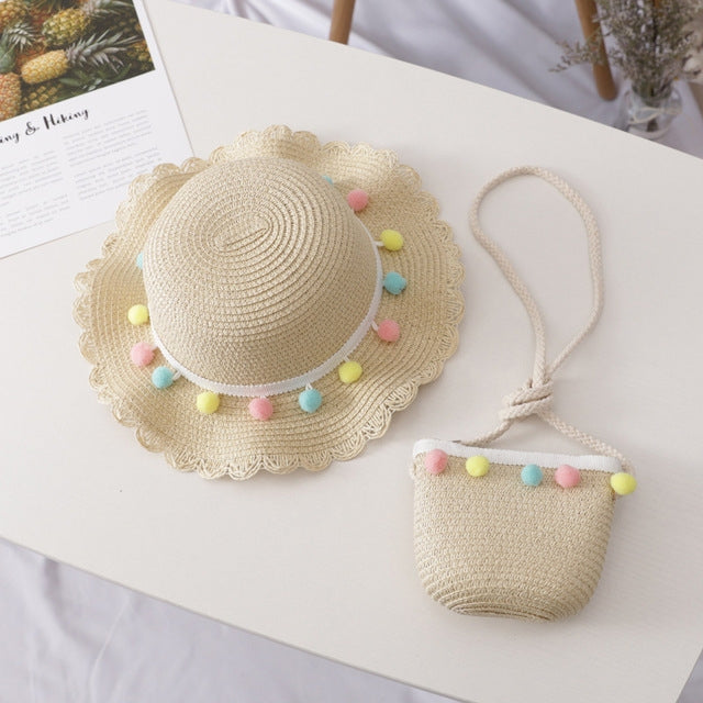 Girls straw sun hat with pom-pom trim and mini woven satchel set, beige