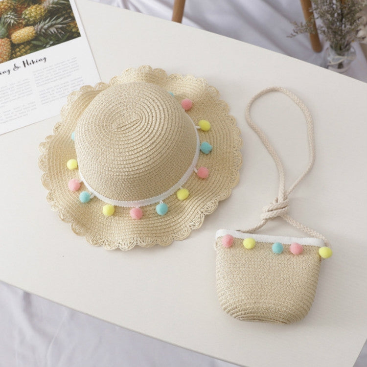 Girls straw sun hat with colorful pom-pom trim and mini woven satchel, beige