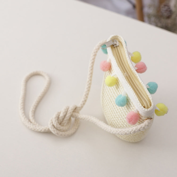 Girls mini woven satchel with braided strap and colorful pom-pom trim, beige
