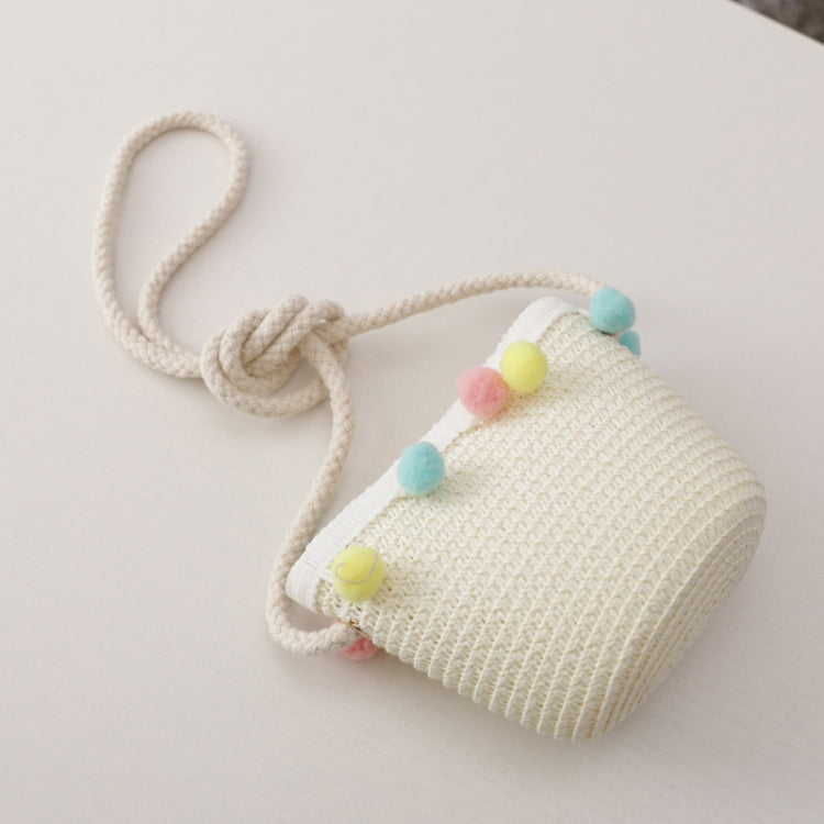 Girls mini straw satchel with knot handle and pom-pom trim, natural beige