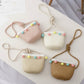 Girls straw satchel set with pom-pom trim and braided straps, assorted colors