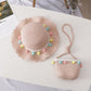 Girls straw sun hat and mini woven satchel set with pom-pom trim, blush pink