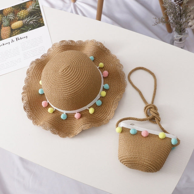 Girls straw sun hat with pom-pom trim and mini satchel set, tan brown