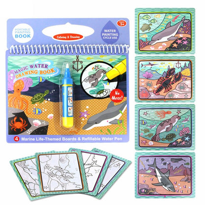 Portable magic water drawing book set with marine life boards and refillable water pen