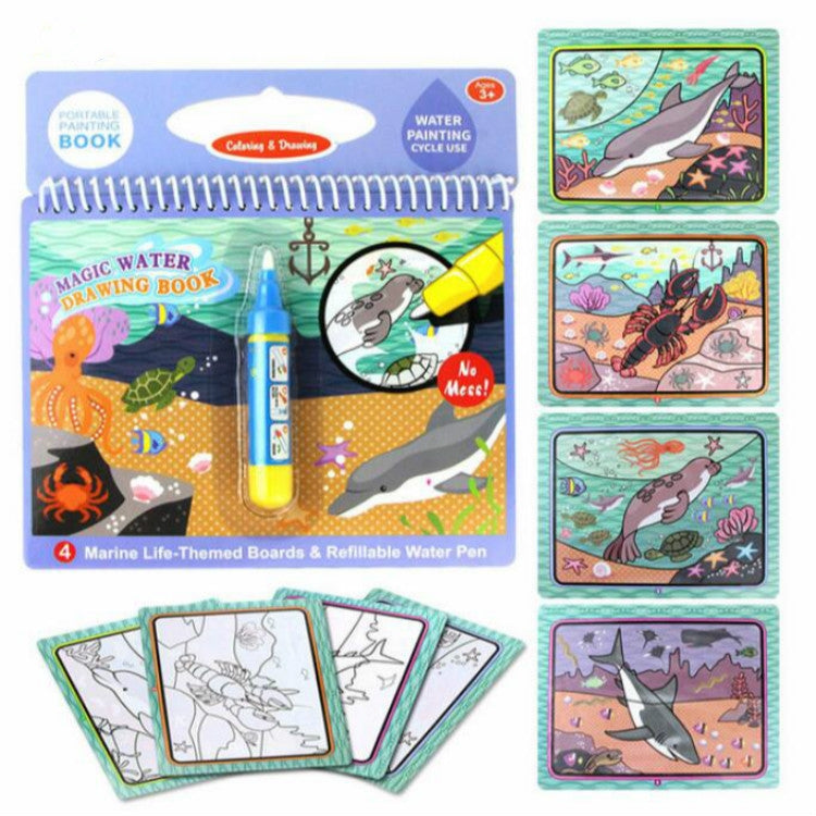 Portable magic water drawing book with marine life boards, refills water pen, 4 play scenes