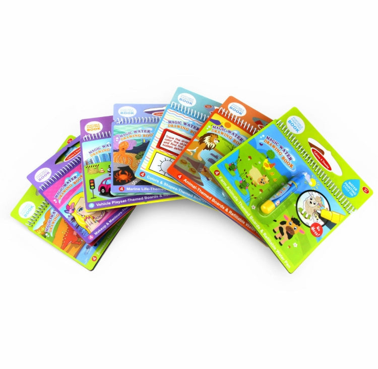 Assorted magic water drawing book sets with refillable water pens in multiple colors