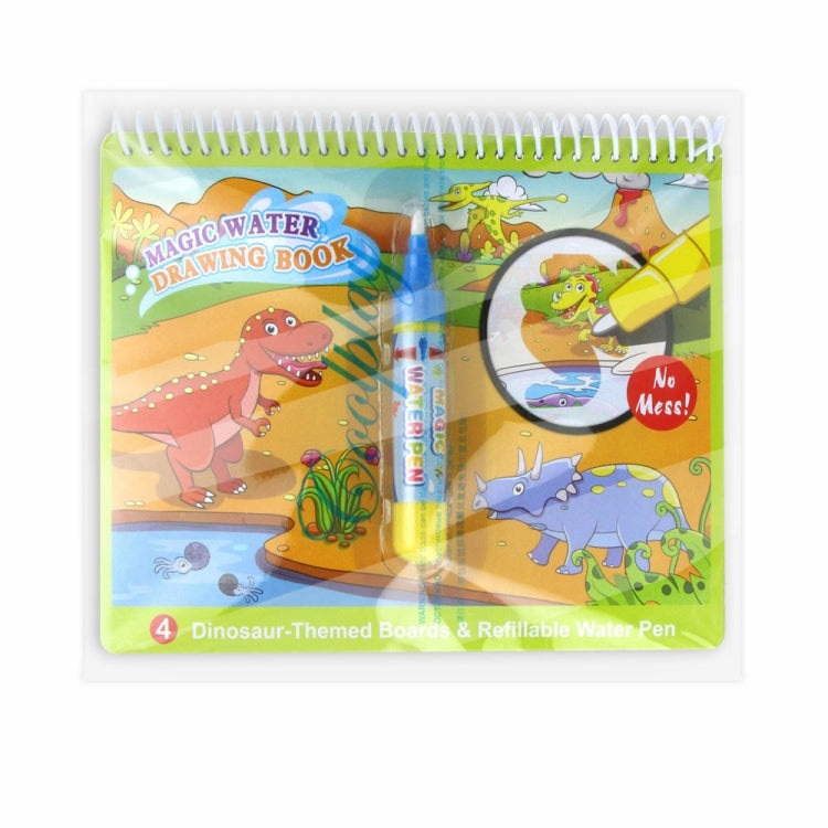 Dinosaur-themed magic water drawing book set with refillable water pen, 4 boards