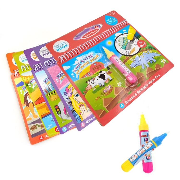 Assorted magic water drawing books with refillable water pens, multiple animal scene boards