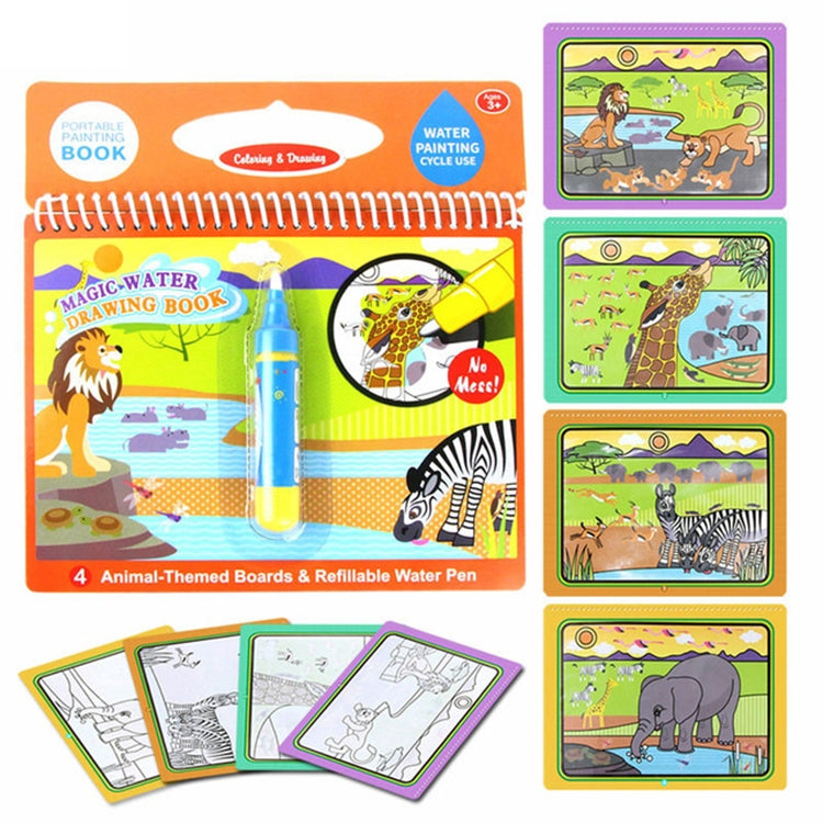 Animal-themed magic water drawing book with refillable water pen and 4 board cards