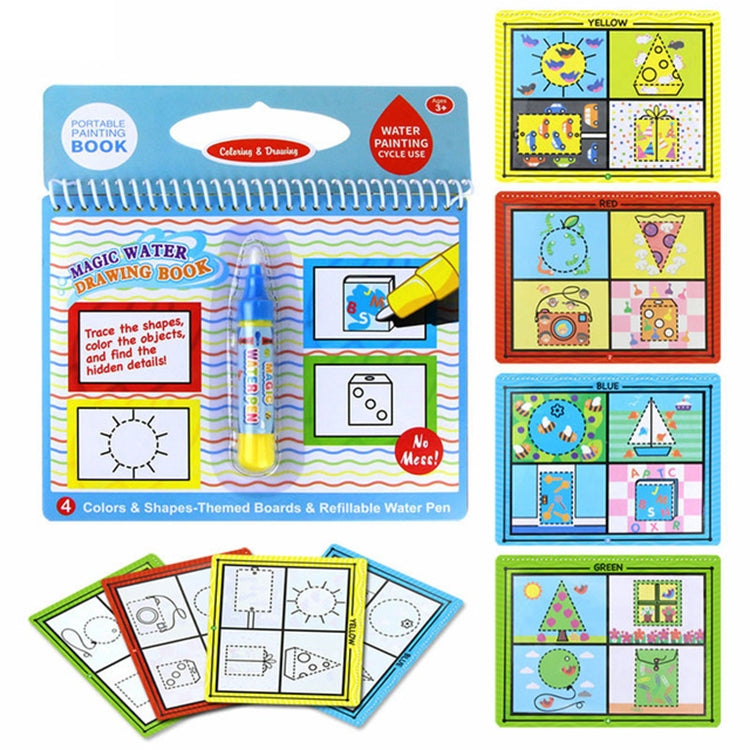 Colors and shapes magic water drawing book set with refillable water pen and 4 boards