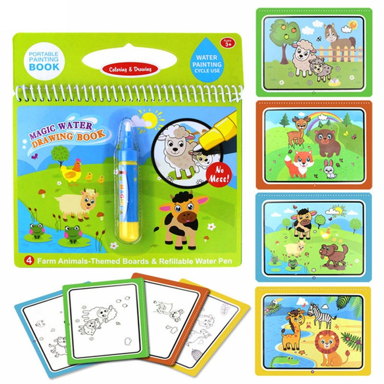 Kids magic water drawing book with farm animal boards and reusable water pen set