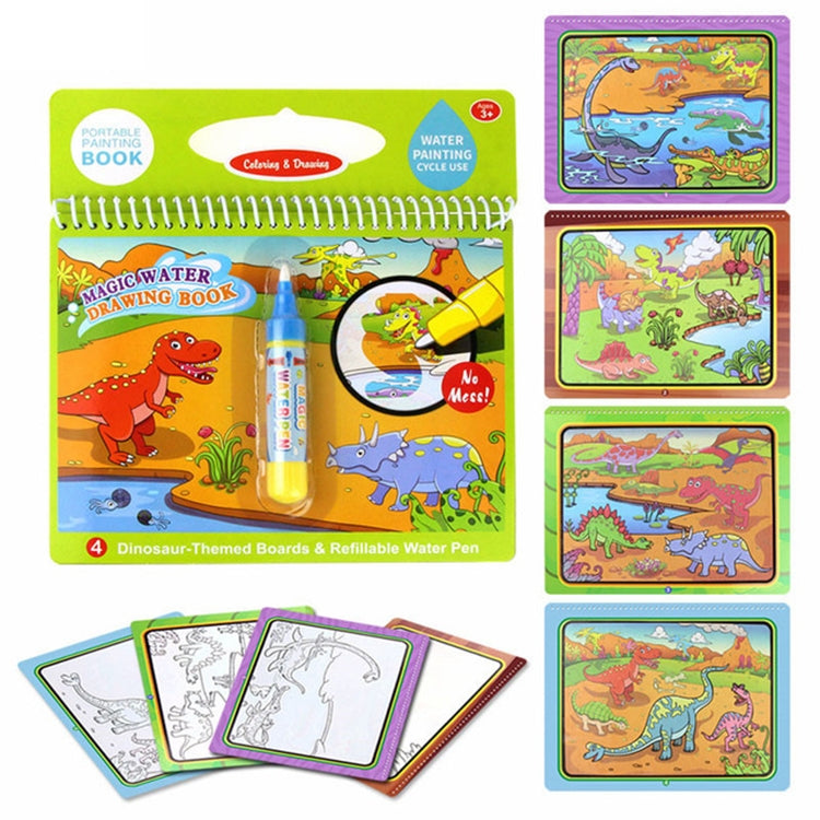 Kids magic water drawing book with dinosaur theme boards and refillable water pen